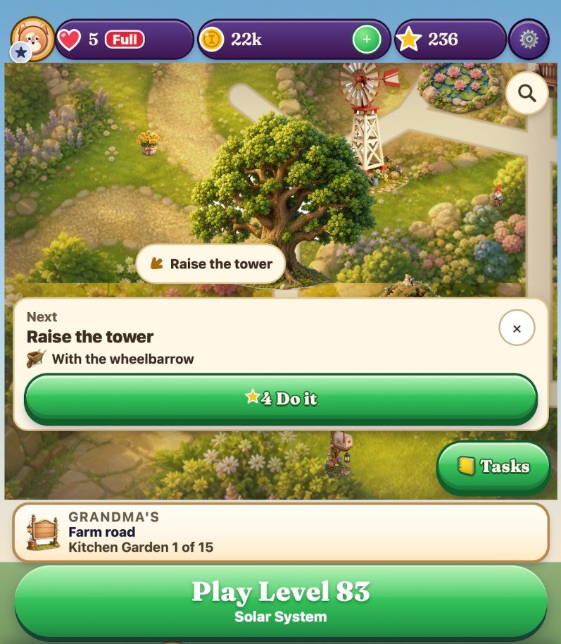 Grandma's Farm: the next job is Raise the tower with the wheelbarrow, for 4 stars