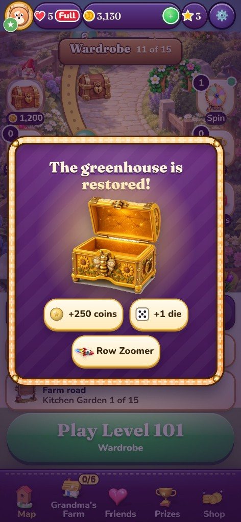 The greenhouse is restored: a reward chest with 250 coins, a die and a Row Zoomer