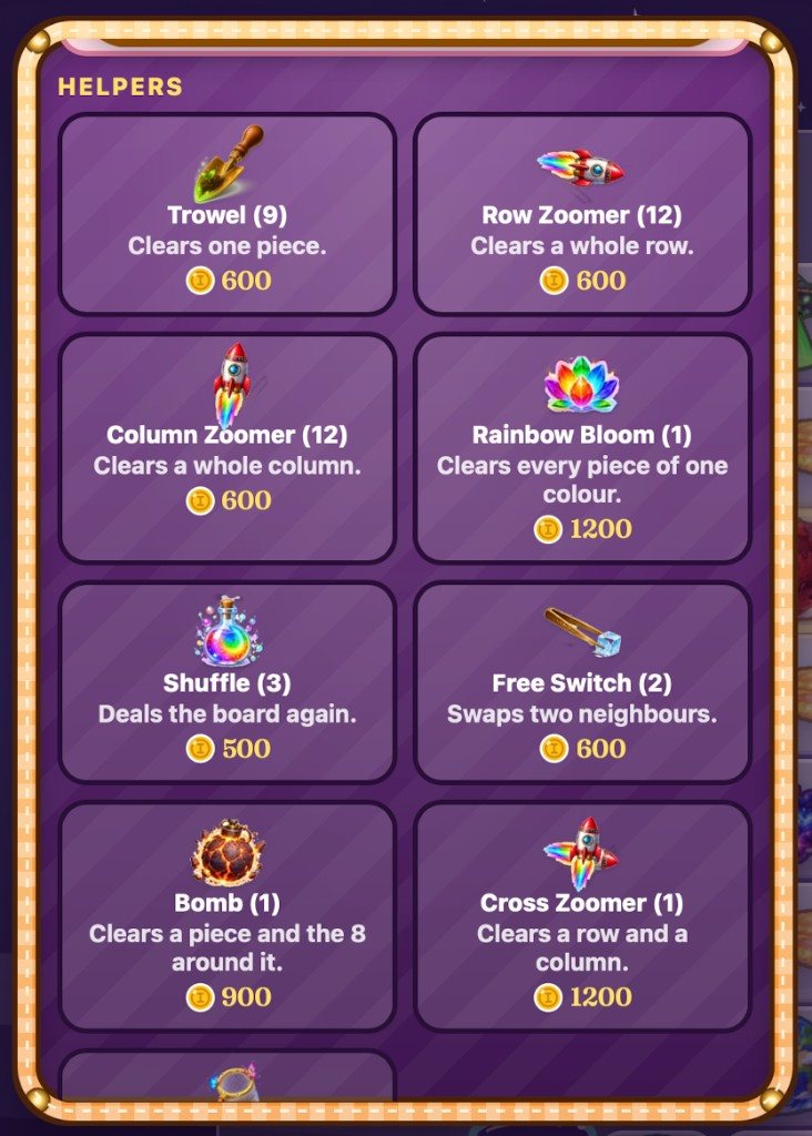 The helpers list: Trowel, Row Zoomer, Column Zoomer, Rainbow Bloom, Shuffle, Free Switch, Bomb and Cross Zoomer, each with a short description