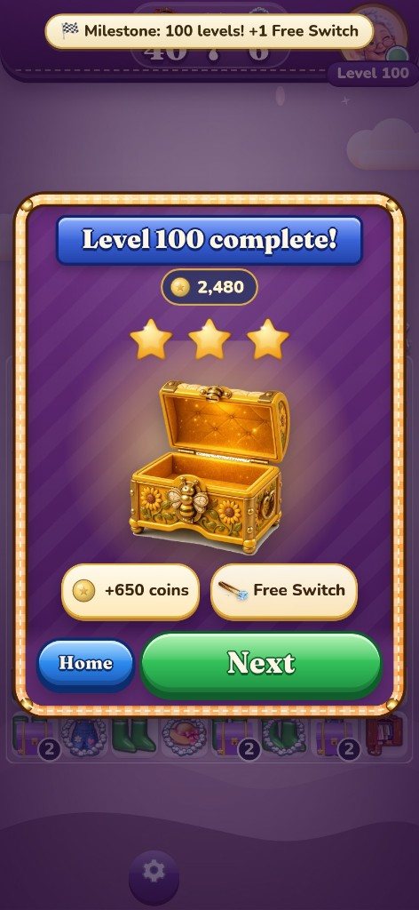 Level 100 complete: three stars, a treasure chest, 650 coins and a Free Switch