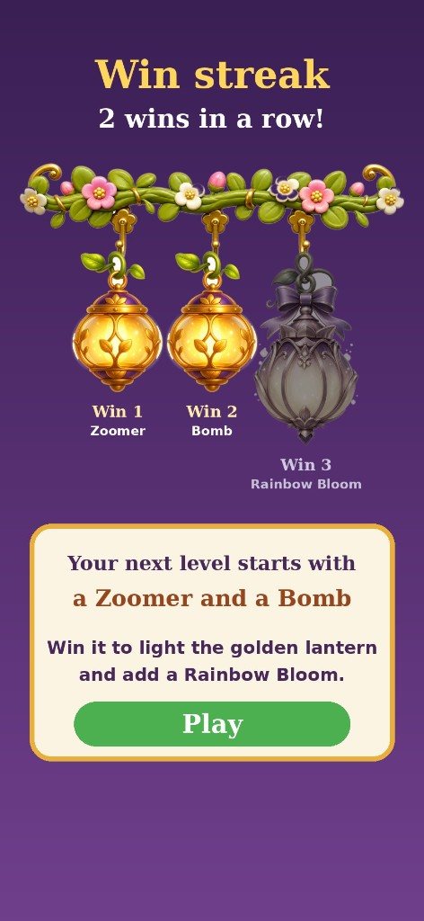 Win streak, 2 wins in a row: two golden lanterns lit, and the next level starts with a Zoomer and a Bomb. Win again to add a Rainbow Bloom