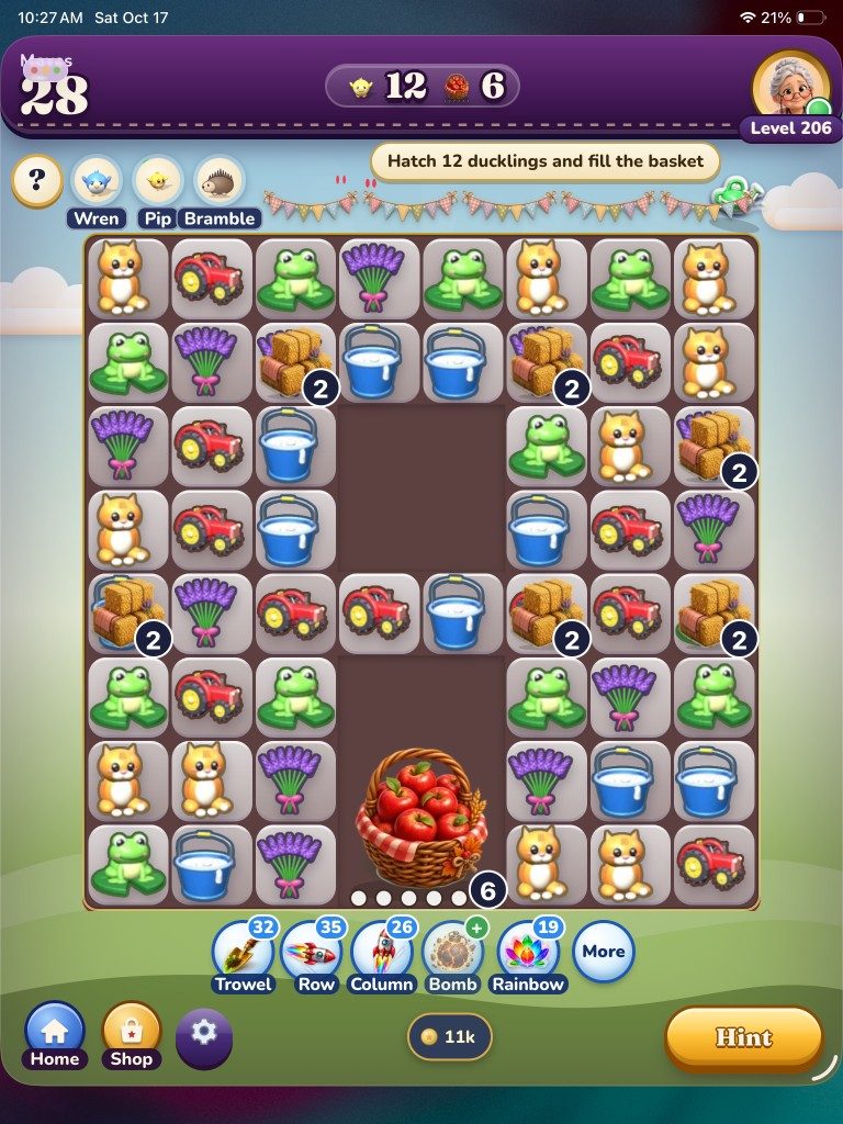 Level 206 on iPad: hatch 12 ducklings and fill the basket of apples