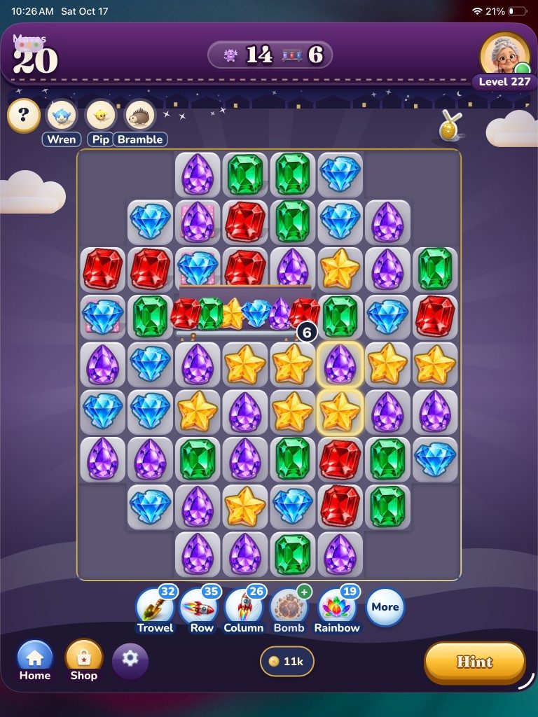 Level 227 on iPad: a night-time board of rubies, emeralds, sapphires and stars