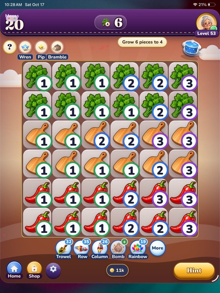 Level 53 on iPad: grow 6 pieces to 4, with numbered parsley, chopping boards and chillies