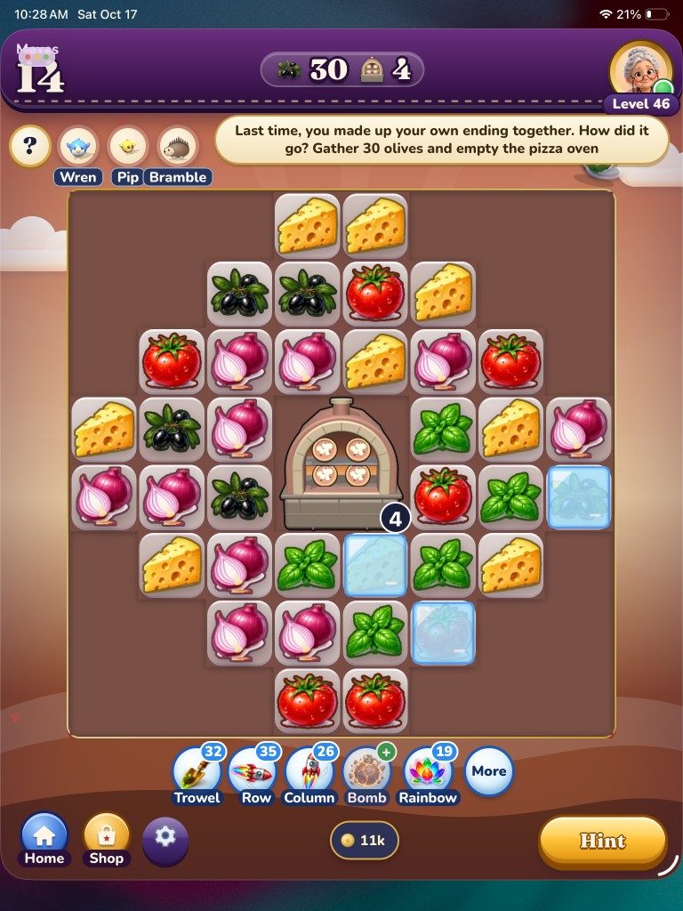 Level 46 on iPad: a short story line picks up from last time, then gather 30 olives and empty the pizza oven