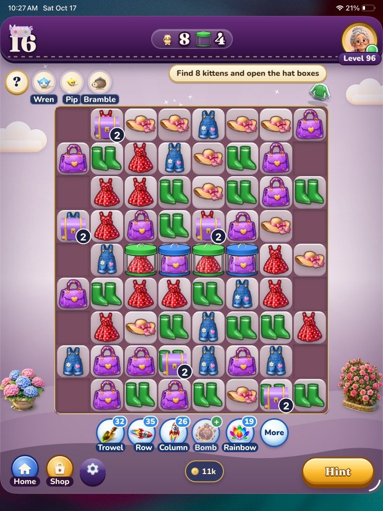 Level 96 on iPad: find 8 kittens and open the hat boxes in the Wardrobe world